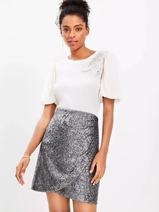 LOFT Dresses & Skirts - NWT LOFT Sequin Wrap Shift Skirt- Gunmetal Silver- 14